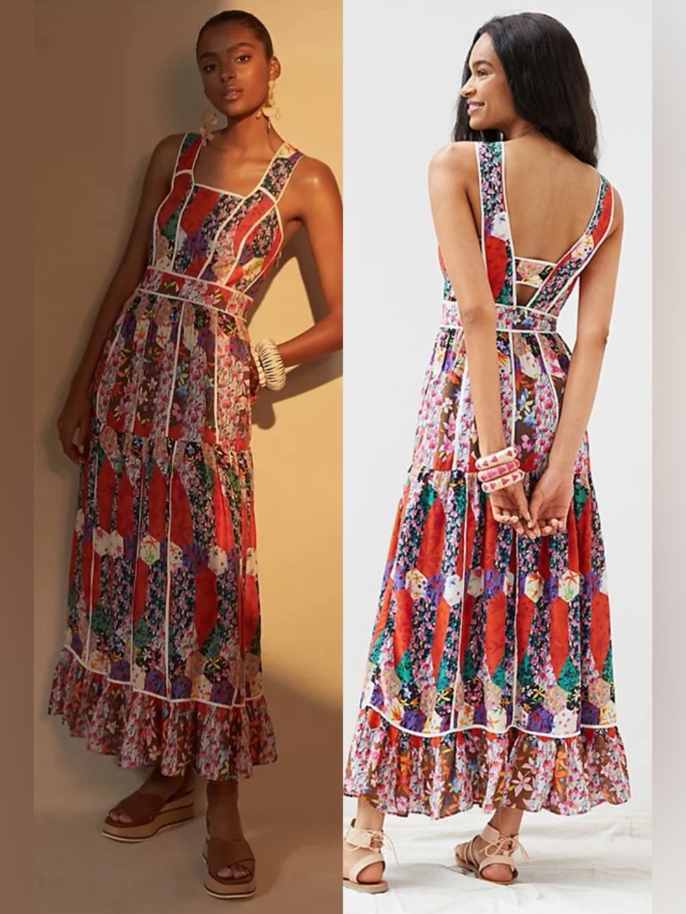Anthropologie Bhanuni Jyoti Floral Patchwork Tiered Maxi Dress Red